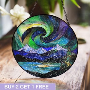 Majestic Aurora Borealis Stained Glass Window Panel - Northern Lights Over Snow-Capped Mountains and Pine Trees