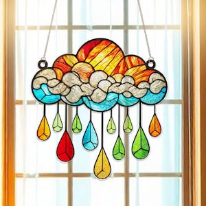 Colorful Cloud and Rain Acrylic Suncatcher Window Hanging | Whimsical Rainbow Rain Decor | Cute Weather Window Ornament Gift Idea