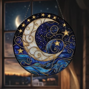 Moon and Star Stained Glass Suncatcher, Celestial Night Sky Ornament, Suncatcher Glass Gift for Friend, Spiritual Home Decor for Windows