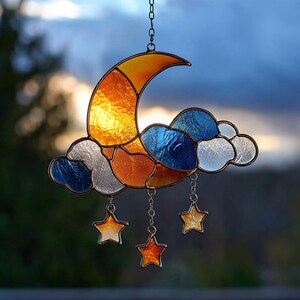 Moon And Stars Stained Glass Suncatcher With Clouds - Celestial Window Hanging Night Sky Decor Gift For Dreamers