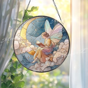 Fairy Reading on Moon Glass Suncatcher: Celestial Window Art
