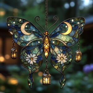 Celestial Butterfly Acrylic Suncatcher – Moon & Lantern Charms Faux Stained Glass Window Hanging, Blue Wings Garden Decor Gift