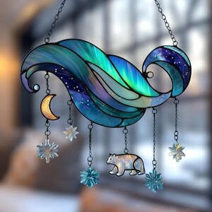 Northern Lights Ornament, Acrylic Suncatcher, Faux Stained Glass Window Hanging, Winter Aurora Decoration Gift