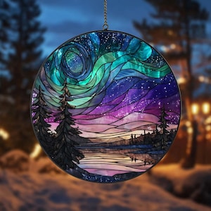 Aurora Borealis Stained Glass Suncatcher, Northern Lights Window Decor with Winter Forest Design, Magical Night Sky Gift, Natural Decor