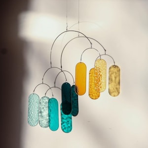 Glass Suncatcher, yellow, turquoise, Art mobile, Stainedglass, Made in Ukraine